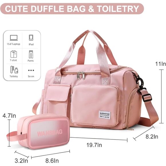 Small Gym Bag for Women, Travel Duffle Bag Carry On Weekender Bag with Shoe Comp - Picture 4 of 8